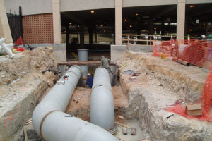 UT TES | In support of the installation of a 1,000,000 gallon chilled water storage tank, we were selected to install the piping and equipment for the pumping station consisting of 2 - 600 hp pumps that vary between 1,500 gpm and 10,000 gpm depending on nighttime recharge or daytime usage and associated 30" and 42" diameter piping.