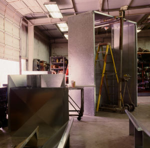 Sheetmetal Plenum | Many of our projects involve the installation of large, custom built Air Handling Units (AHRs). To attach the return air ductwork to the custom AHU, we often need to fabricate a plenum. This is an example of a fabricated plenum.